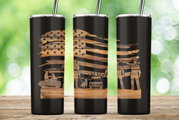 Police USA Flag Wood 20 Oz Tumbler Graphics and Crafts